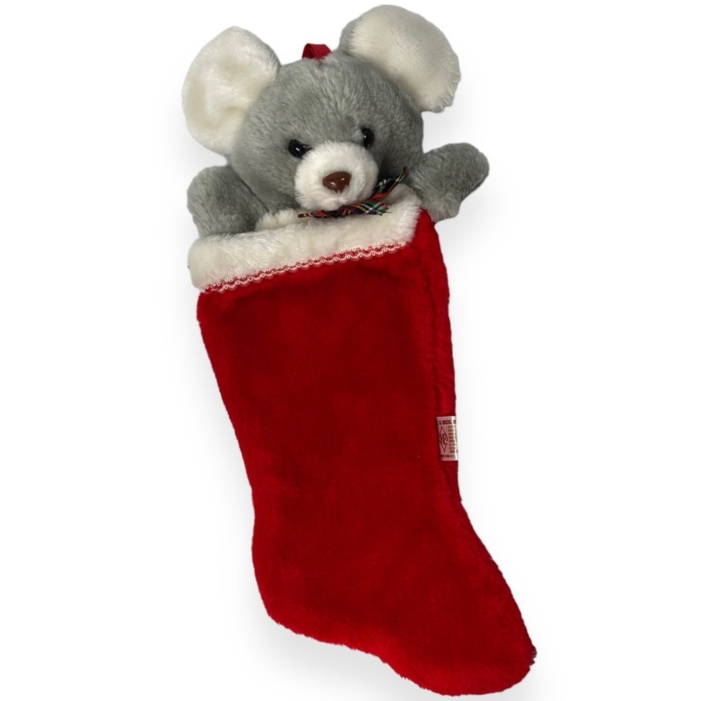 Vintage Christmas Stocking Grey Mouse‎ Plush 80s KB Bros 17” Full Length 3D - Picture 5 of 5